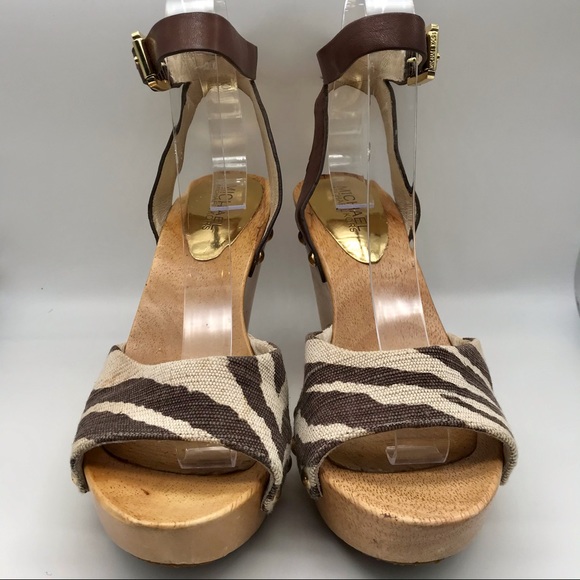 Michael Kors Wooden Wedge Zebra/Animal Print Sandal Size 7.5 in Brown/Beige - Picture 2 of 13